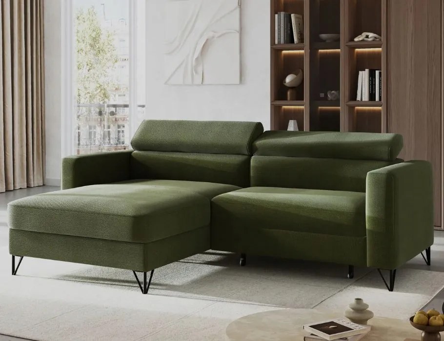 Pohodlná rohová sedačka Otino na každodenné spanie v olivovej farbe