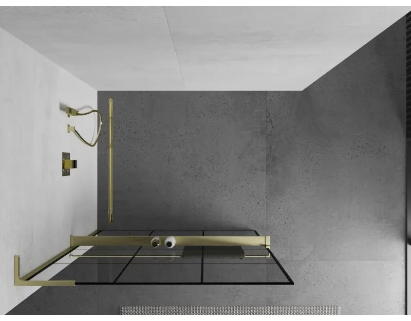 Mexen Kioto+ L, sprchová zástena Walk-In s poličkou a vešiakom 110 x 200 cm, 8mm číre sklo čierny vzor, zlatý matný profil, 800-110-123-55-77