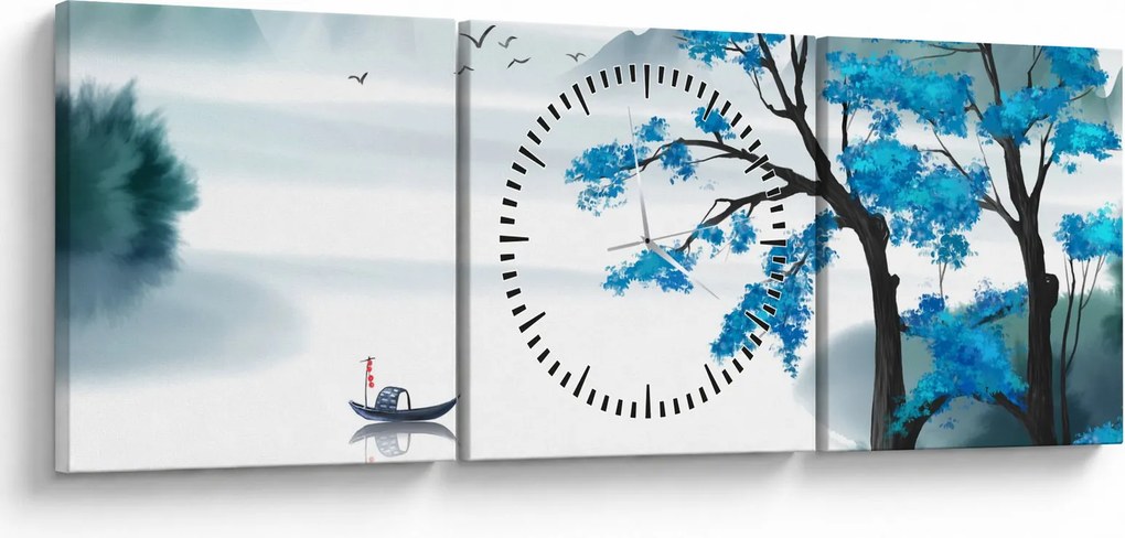 Obraz - Maľované jazero s loďkou (s hodinami) (90x30 cm)