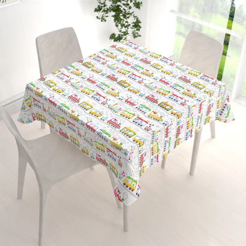 Biante Detský bavlnený štvorcový obrus Sandra SA-328 Vláčik so zvieratkami na bielom 80x80 cm
