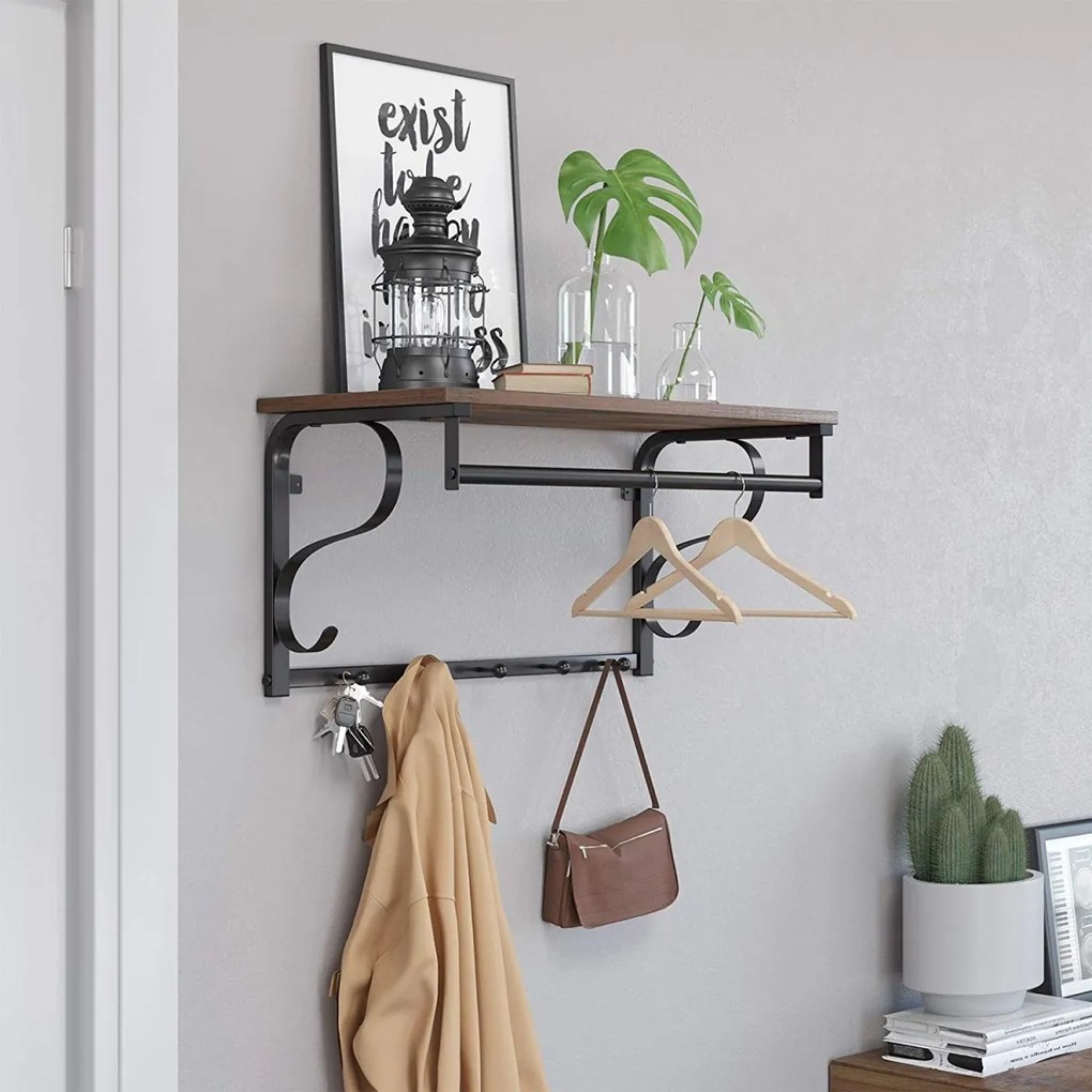 LEOBERT Drevená polica LOFT s vešiakmi na šaty