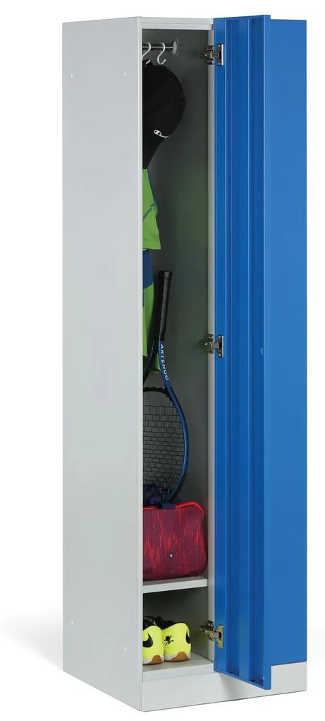 Kovová šatníková skrinka zúžená, 2 oddiely, 1850 x 500 x 500 mm, otočný zámok, modré dvere