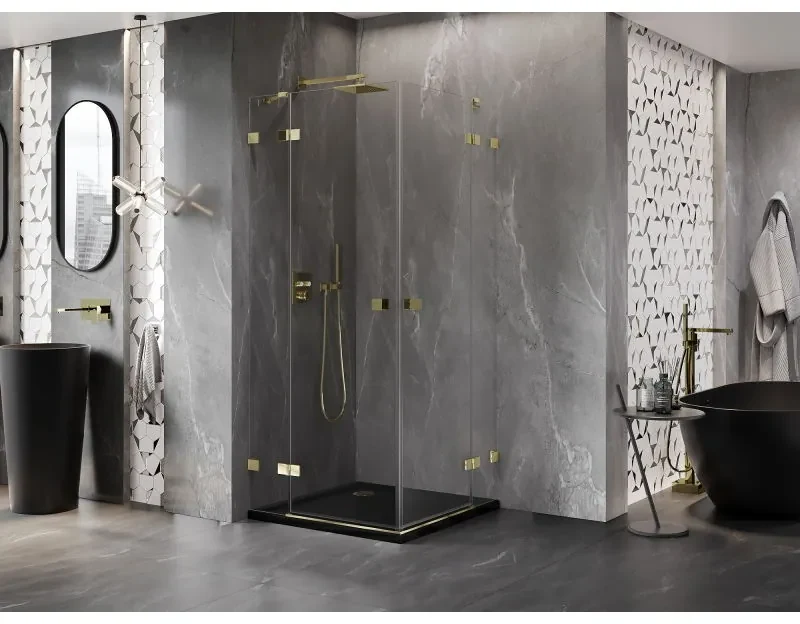 Mexen Lunar Duo, výklopný sprchový kút 115 x 115 cm, 8mm číre sklo, zlatý profil, 834-115L-115P-50-00
