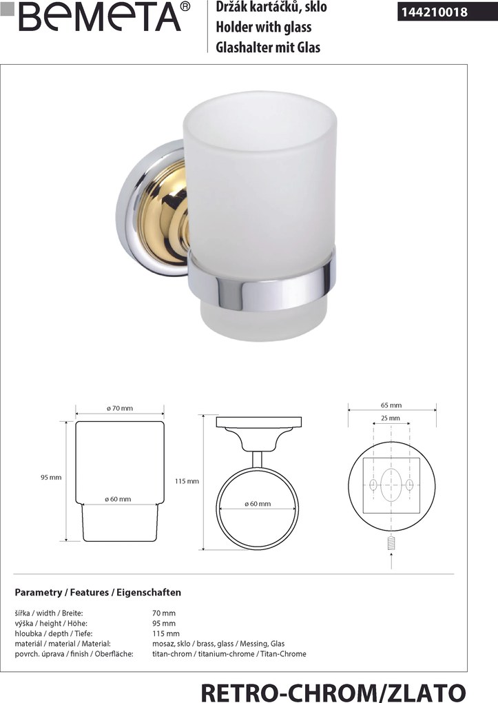 Bemeta Design RETRO gold-chrom: Držiak kefiek, sklo - 144210018