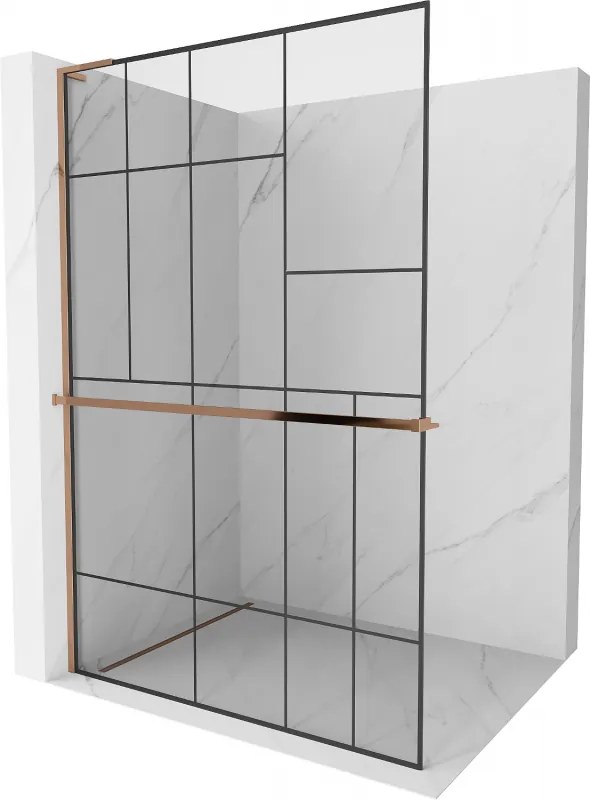 Mexen Kioto+ L, sprchová zástena Walk-In s poličkou a vešiakom 120 x 200 cm, 8mm číre sklo čierny vzor, ružové zlato profil, 800-120-123-60-78