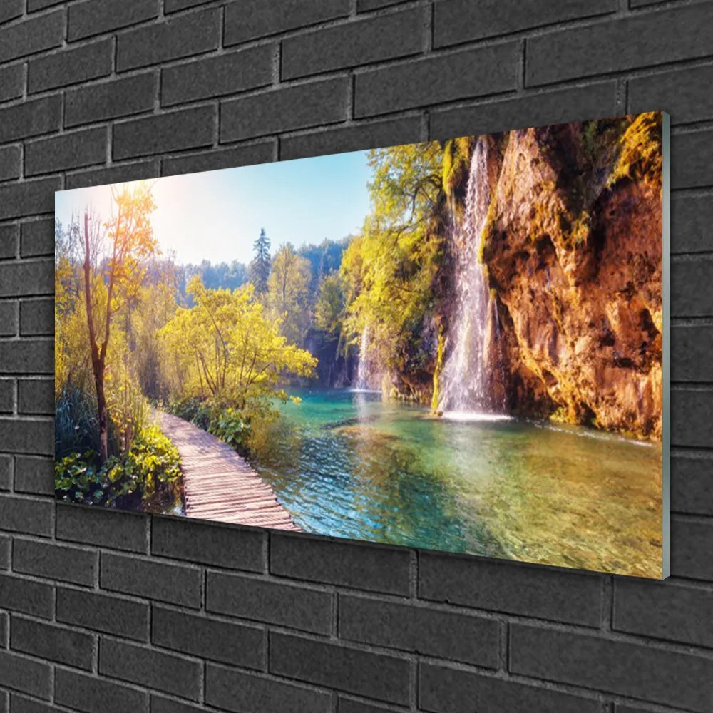 Skleneny obraz Jazero príroda vodopád 100x50 cm