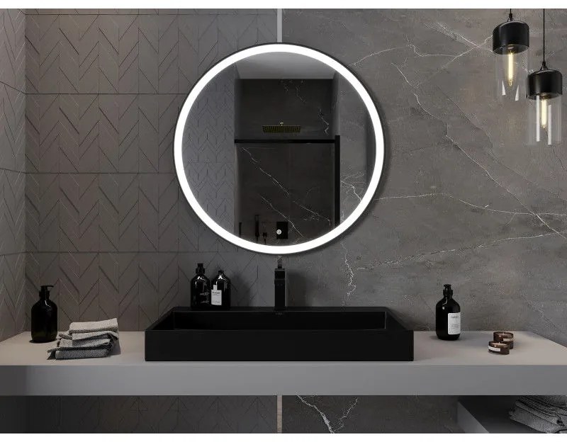 Mexen Esso, okrúhle LED podsvietené kúpeľňové zrkadlo 90 cm, 6000K, vykurovacia podložka proti zahmlievaniu, čierny rám, 9825-090-090-611-70