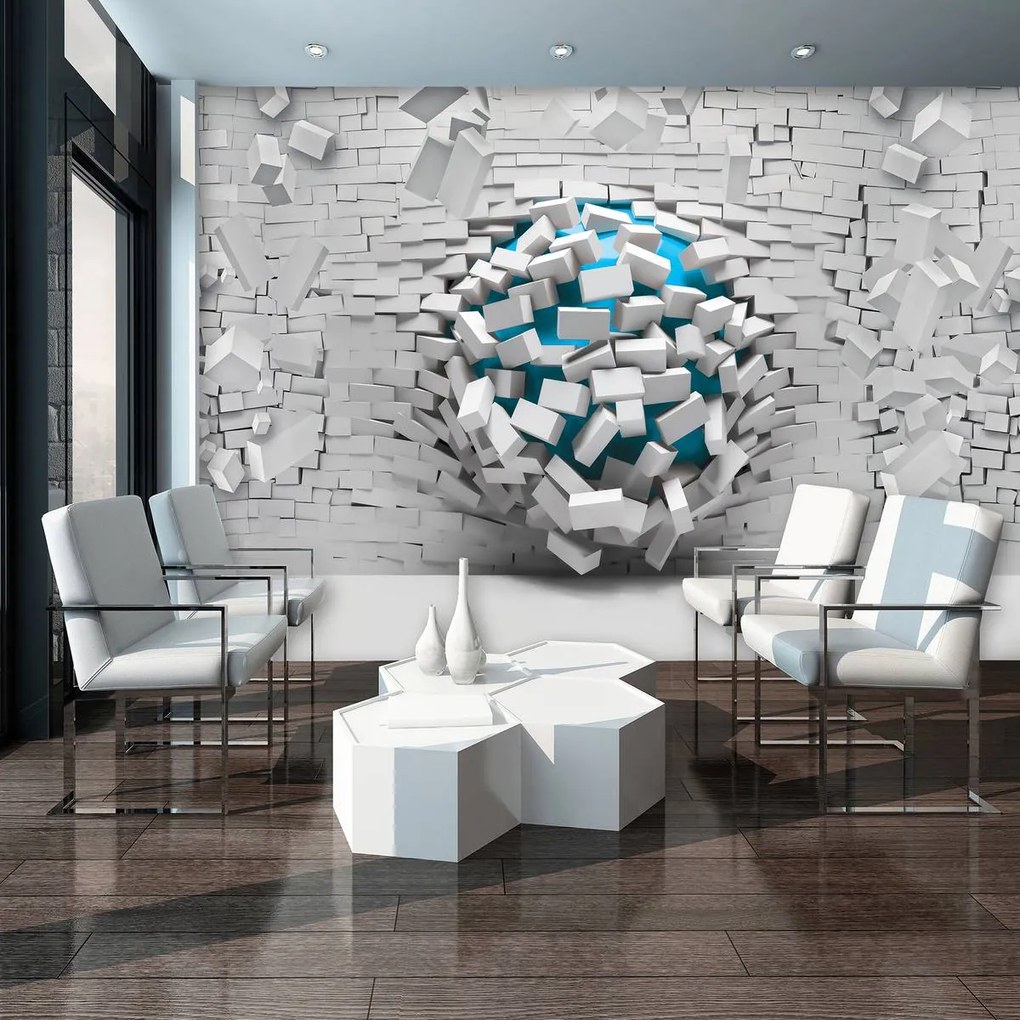 Fototapeta - 3D modrá lopta a biela tehlová stena (254x184 cm)