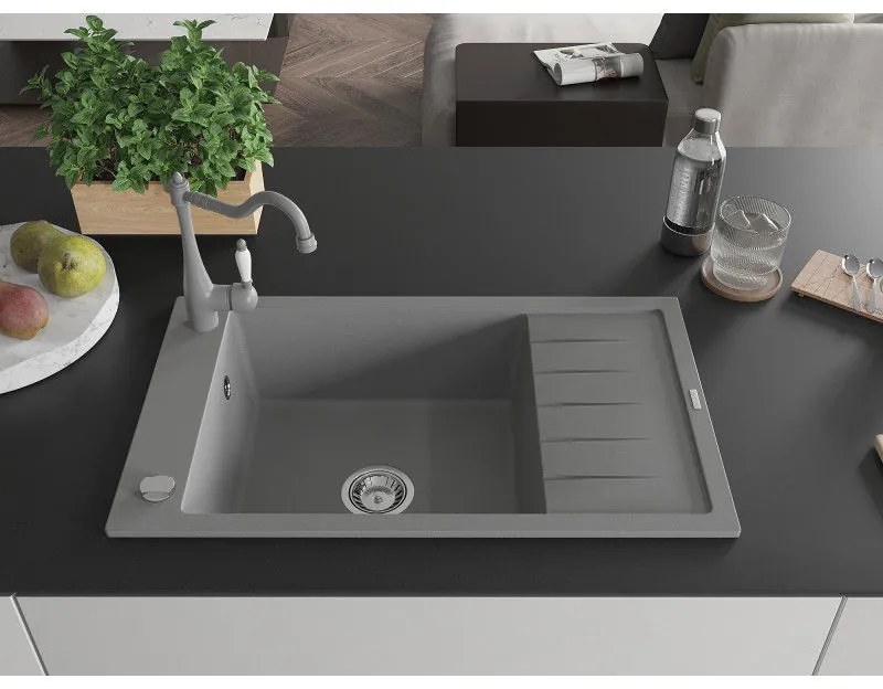Mexen Elias, granitový drez 795x480x200 mm, 1-komorový a drezová batéria Carla, šedá, 6511-71-670700-71