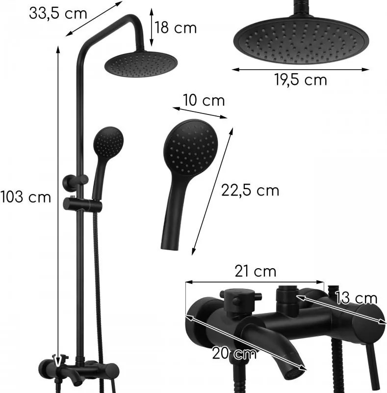 Erga Mutabi, sprchový set s batériou, hlavovou sprchou 20 × 20 cm a výtokom, čierna matná, ERG-YKA-BP.MUTABI-20-BLK