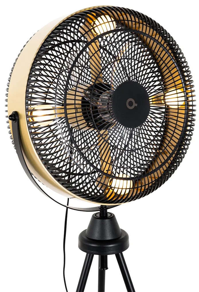 Stojanový ventilátor čierny so zlatou farbou, 4 svetlá, stmievateľný - Kim
