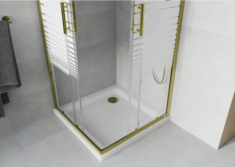 Mexen Rio, štvorcový sprchovací kút s posuvnými dverami 80(dvere) x 80(dvere) x 190 cm, 6mm číre sklo s pásikmi, zlatý profil + biela sprchová vanička SLIM, 860-080-080-50-20-4010G