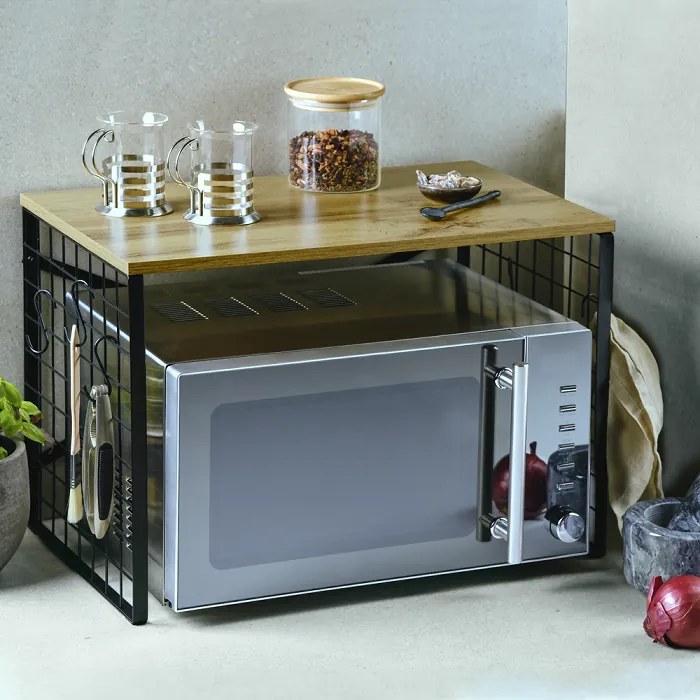 Kesper Stojan na mikrovlnku, prídavná polička, čierny kov, drevo dub