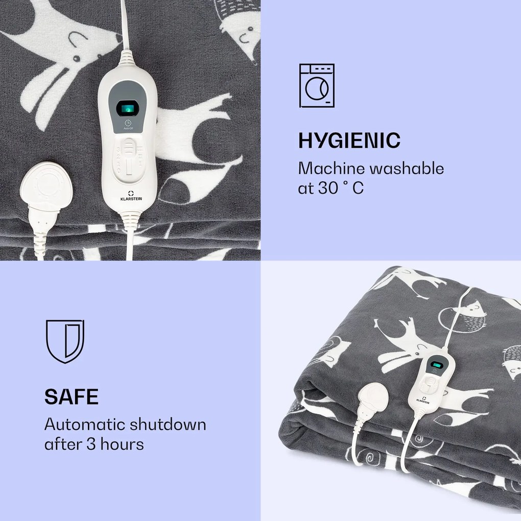 Klarstein Dr. Watson XXL, vyhrievacia deka, 120 W, 200 x 180 cm, coral fleece, antracitová, zvieratá