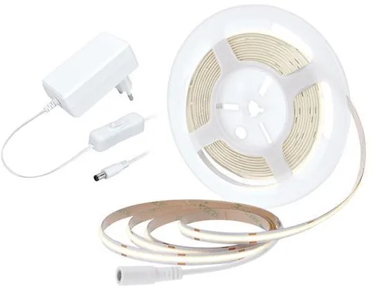 SOLIGHT COB LED pásik, sada s adaptérom, vypínač, 5m, 8W/m, 800lm/m, studená biela