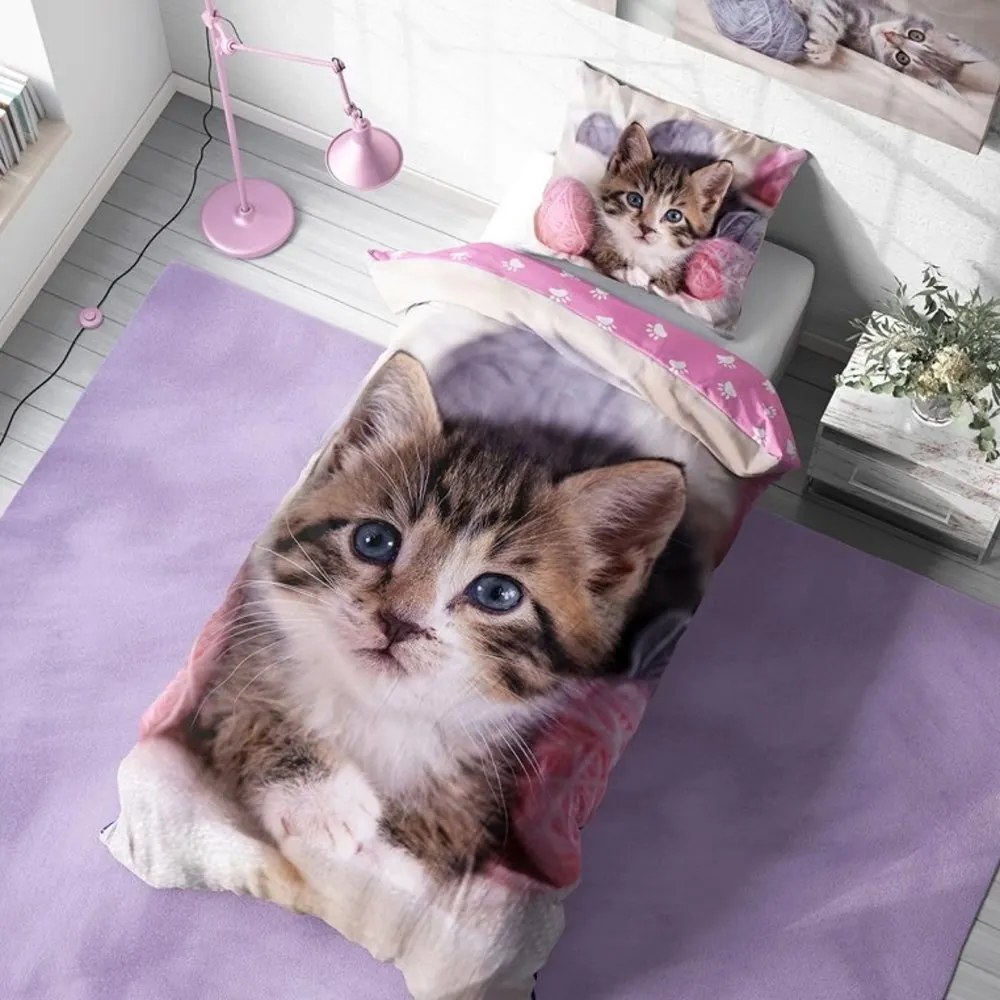 Bavlnené posteľné obliečky Mačiatko s klbkami - 100% bavlna Renforcé - 70x90 cm + 140x200 cm