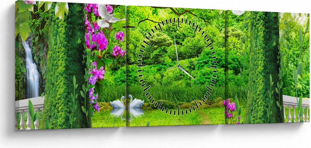 Obraz - Čarovná záhrada s labuťami (s hodinami) (90x30 cm)