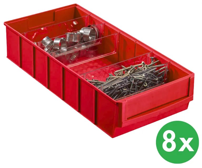 Plastový regálový box ShelfBox typ E - 183 x 400 x 81 mm, 8 ks, červený