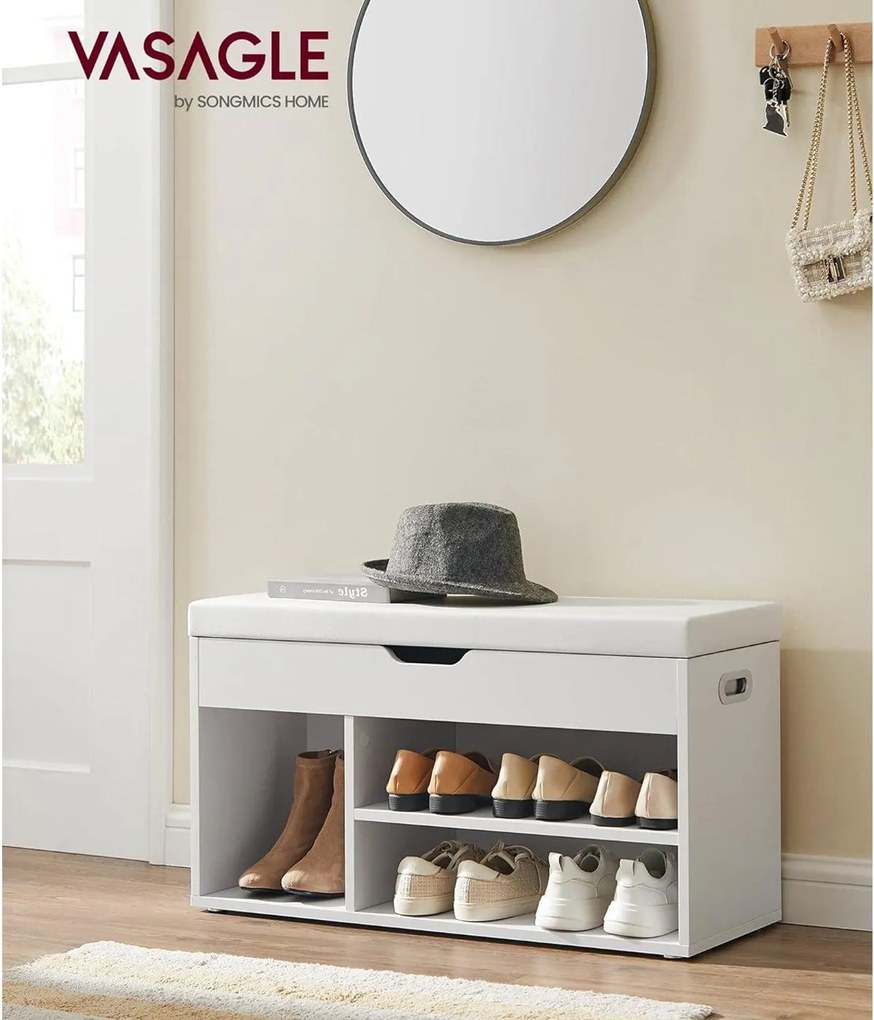 Lavica na topánky s poduškou a 3 priehradkami, biela