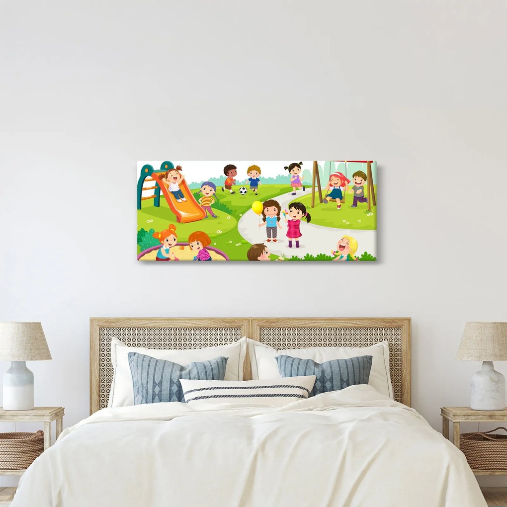 Obraz detských radovánok na pieskovisku (120x50 cm)