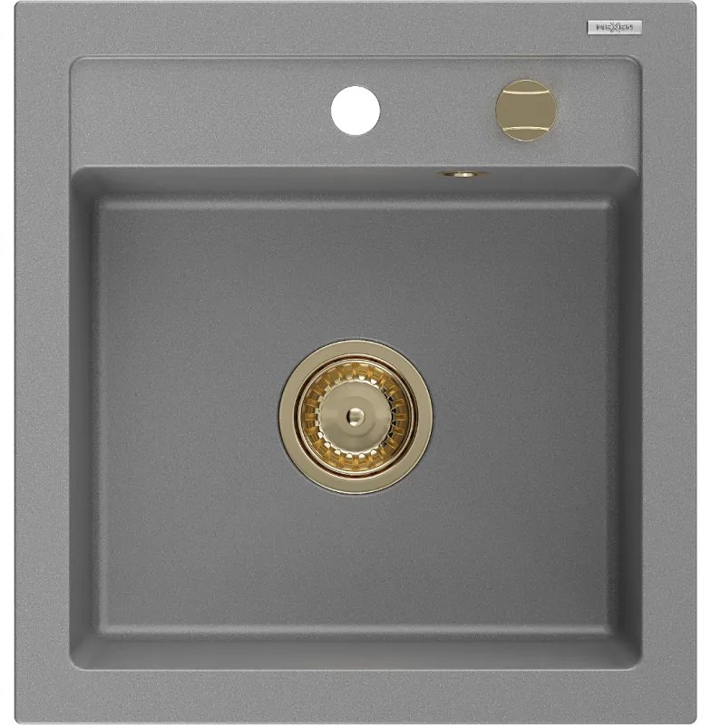 Mexen Vito, granitový drez 520x490x210 mm, 1-komorový, šedá so zlatým sifónom, 6503521000-71-G