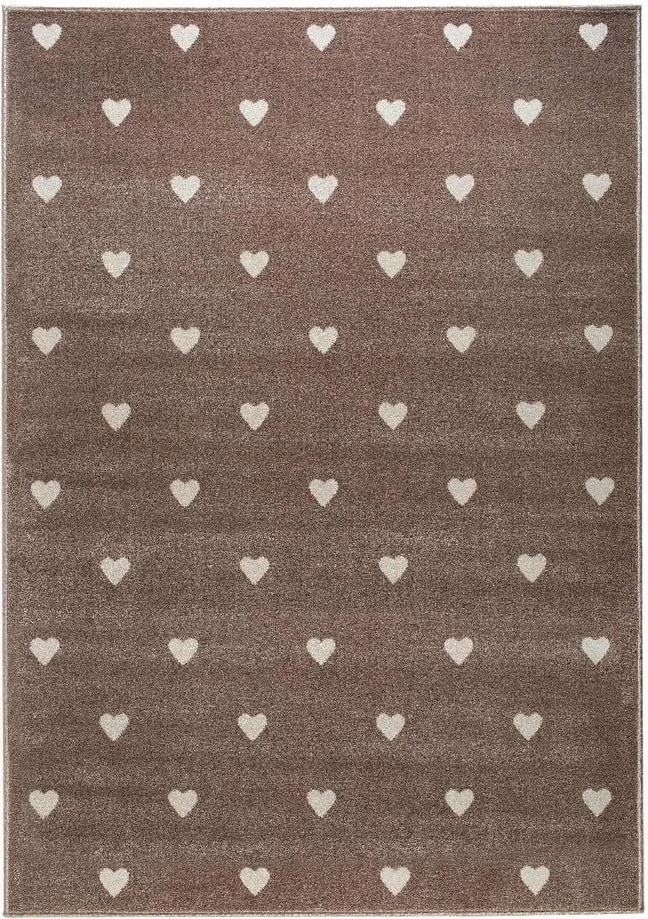 Hnedý koberec so srdiečkami KICOTI Peas, 80 × 150 cm