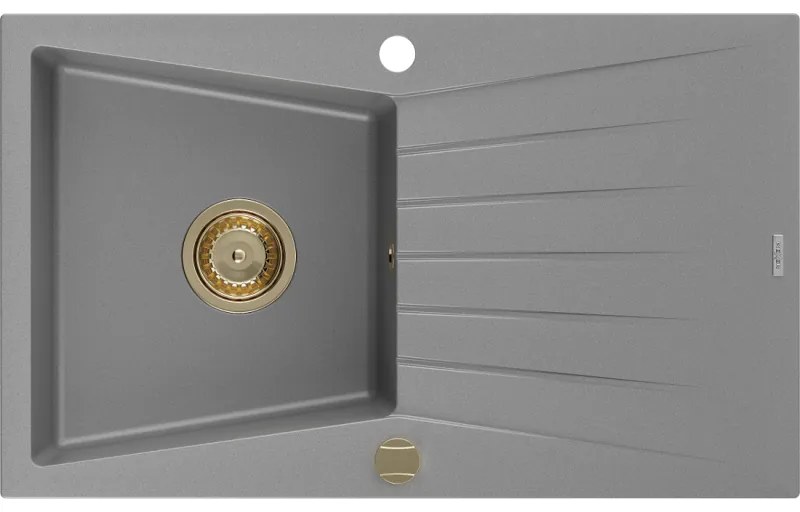 Mexen Cesar, granitový drez 775x470x190 mm, 1-komorový, šedá so zlatým sifónom, 6514771010-71-G