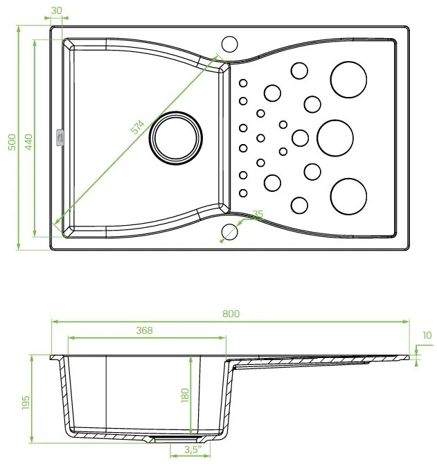 Laveo Molokin, 1-komorový granitový drez 800x500x195 mm, šedá, LAV-SPO_511T