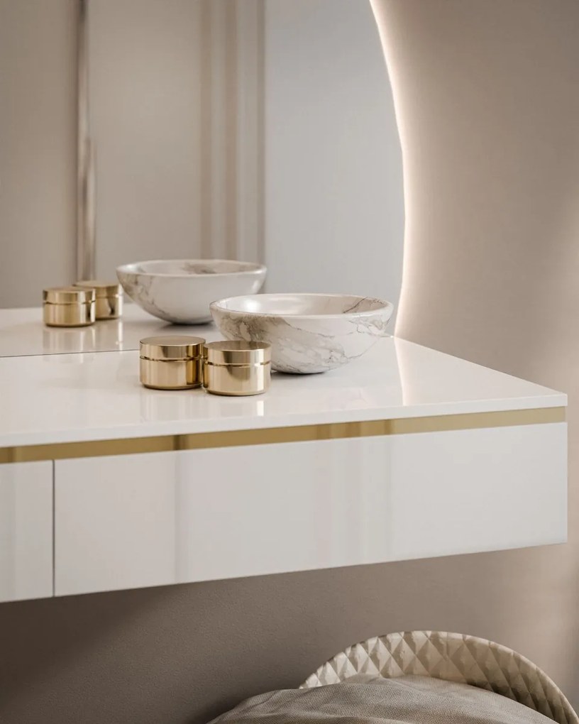 TOALETNÝ STOLÍK NESSIE BIELY LESK PRAVÝ + ZRKADLO POLMESIAC LED