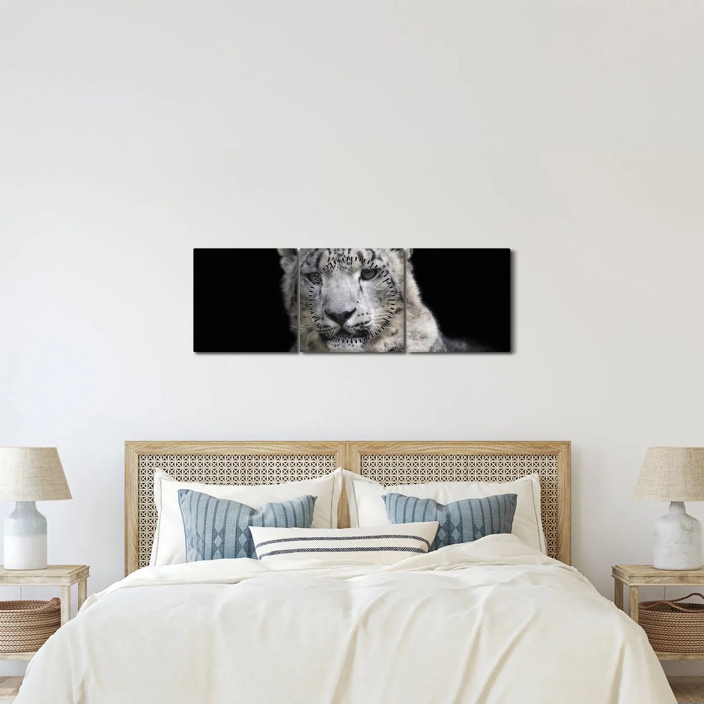 Obraz - Leopard snežný (s hodinami) (90x30 cm)