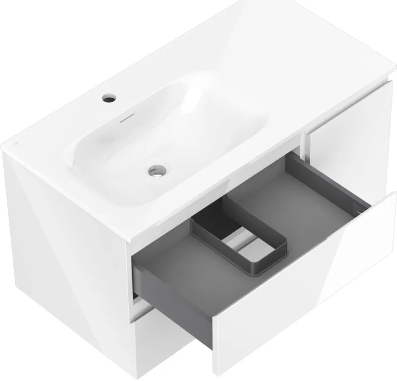 Mexen Orio, kúpeľňová skrinka 90 cm s umývadlom Vela ľavá, 2S, 1D, biela lesklá, 91A13-09047-3-BBFFF00-W23L00