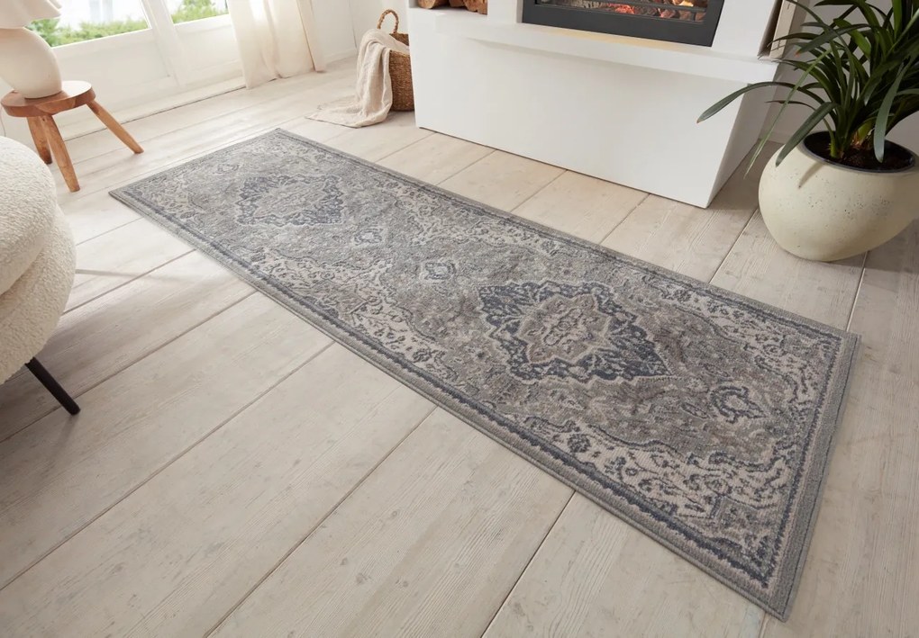 Hanse Home, Koberec behúň Terrain 105604 Orken Grey Cream, 80x200, šedá, obývacia izba
