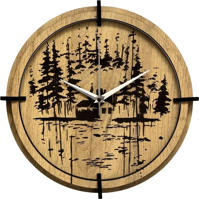 Drevené nástenné hodiny Lesná chatka pri jazere | SENTOP HDF0585-GOLD-OAK