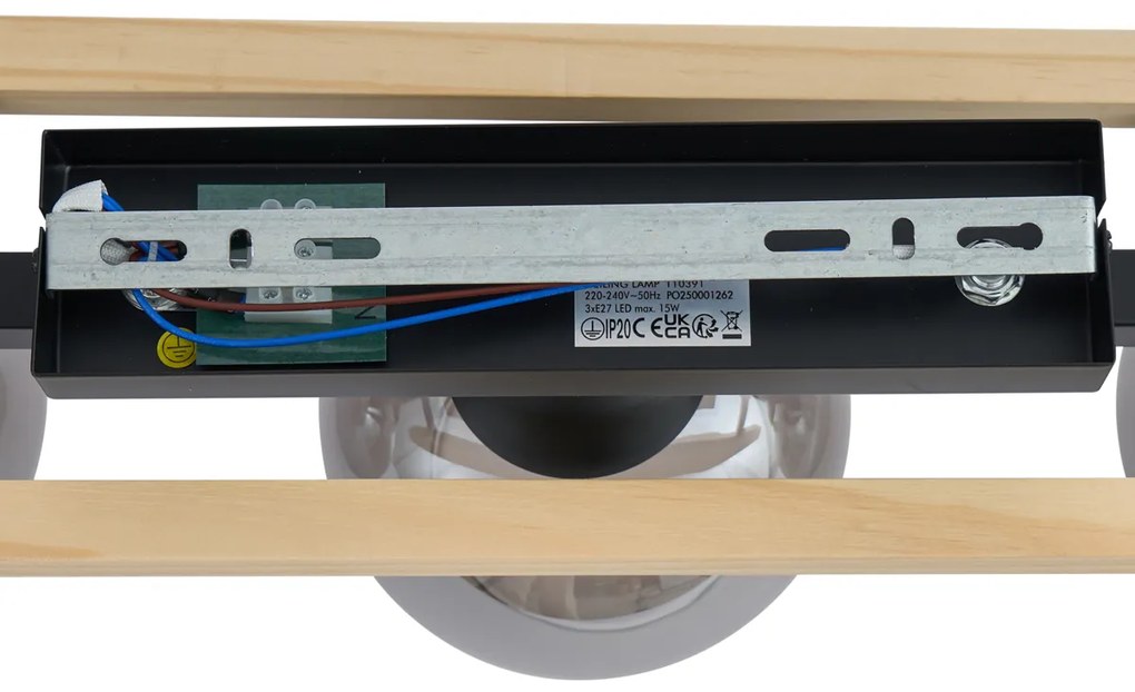 Moderné stropné svietidlo čierne s drevom a dymovým sklom 3-Lights - Aleks