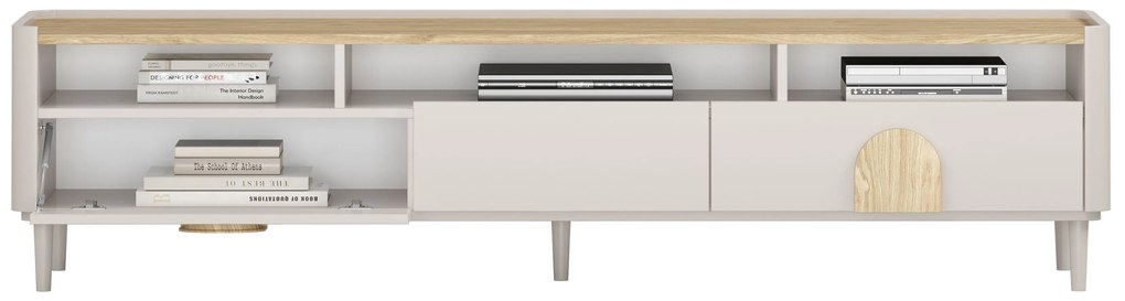 TV stolík Amilio 200 cm so zásuvkami - kašmír / olejovaný dub / úchytky svetlý dub