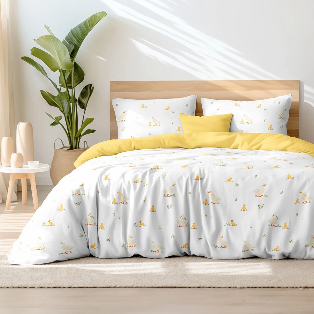 Goldea veľkonočné bavlnené posteľné obliečky duo - kačice so žltou 220 x 200 a 2ks 70 x 90 cm