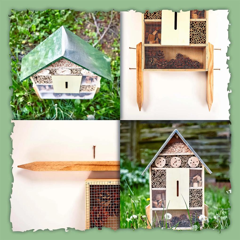 Domček pre hmyz, plechová strecha, vrátane nožičiek, celoročne obývateľný, borovicové drevo