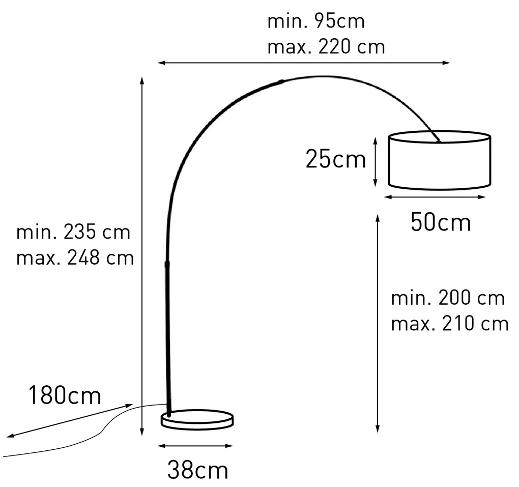 Oceľová oblúková lampa s bielym látkovým tienidlom 50 cm - XXL
