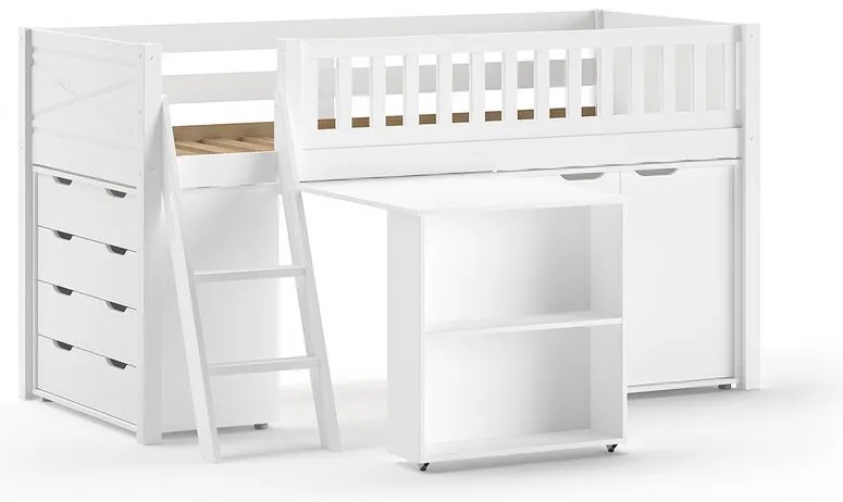 Detská vyvýšená postel Scott so skrinkou, stolíkom a komodou biela 90x200cm
