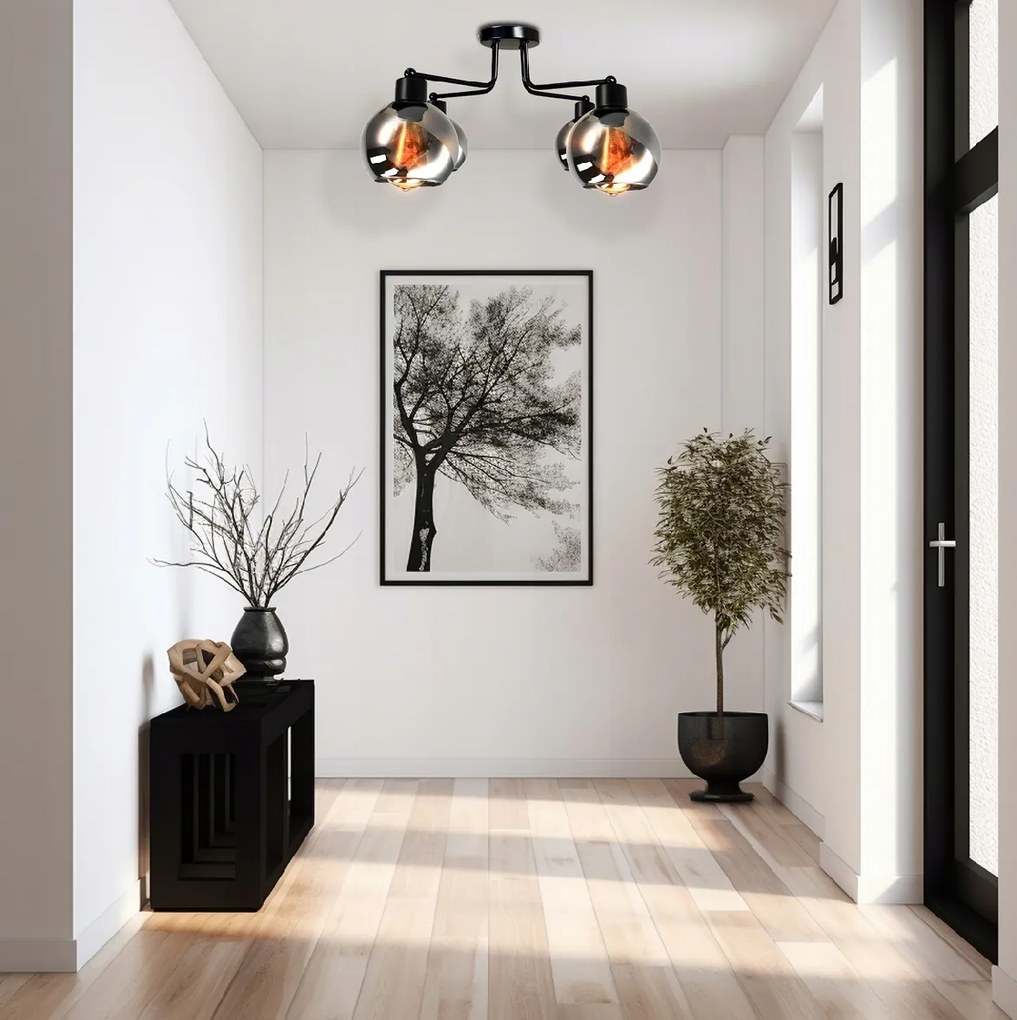 Sklenená stropná lampa s LED žiarovkami, 4xe27 - dymová guľa