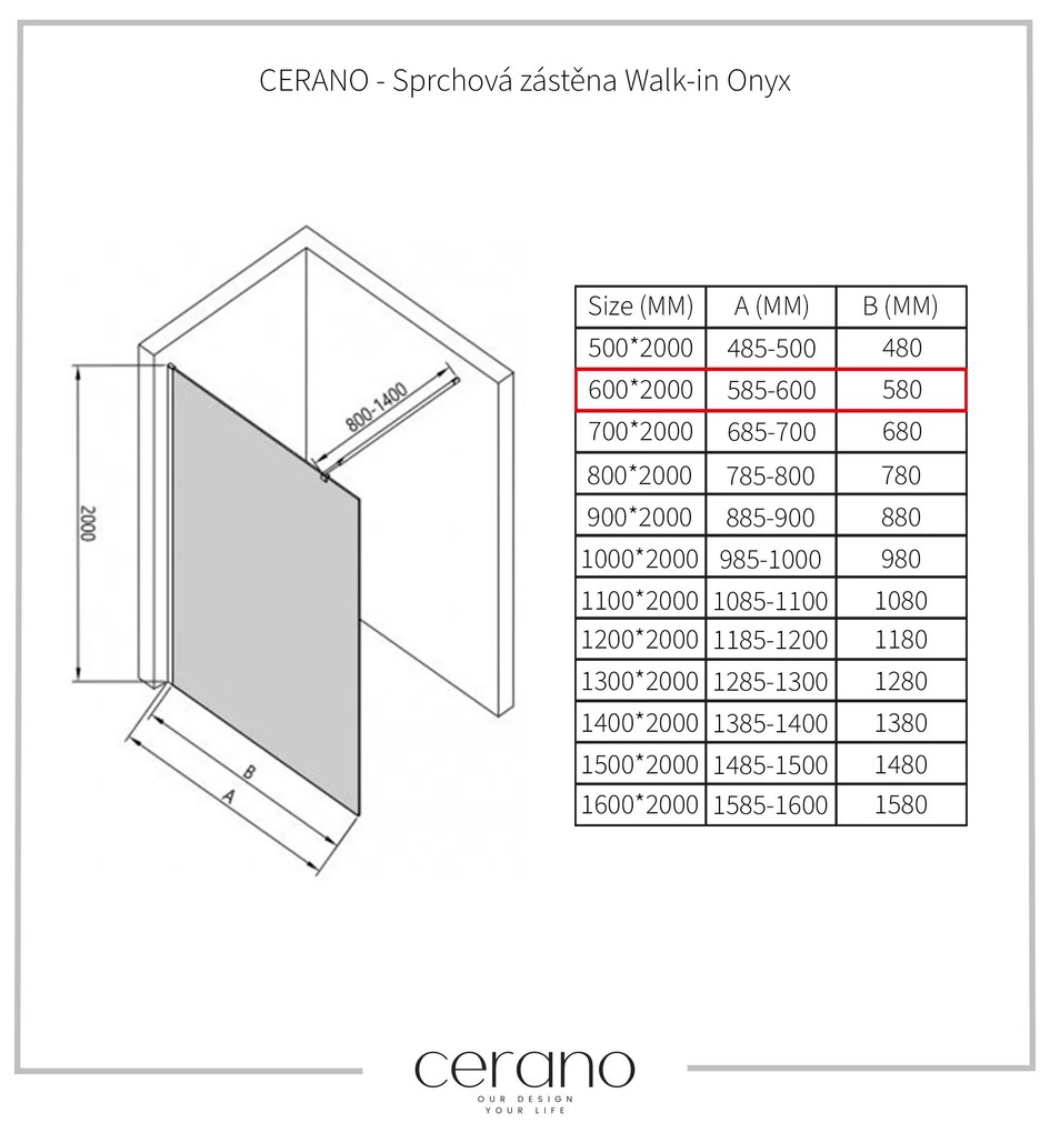 CERANO - Sprchová zástena Walk-in Onyx Ľ/P - guľatá vzpera - čierna matná, ryhované sklo - 60x200 cm, CER-CER-8050BD312