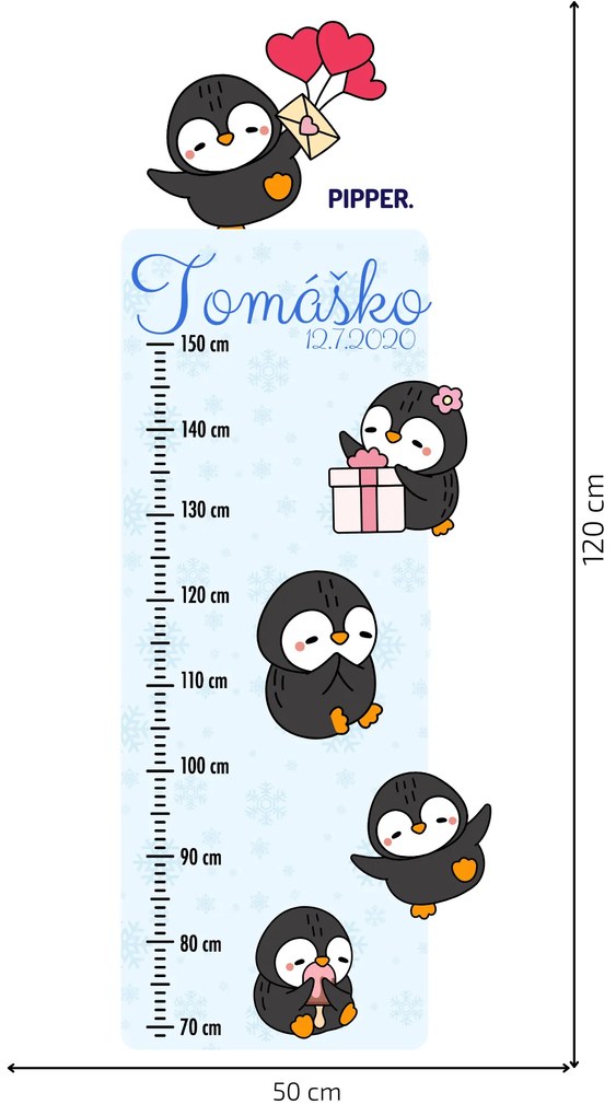 PIPPER. Textilná nálepka na stenu "Detský meter s menom - Tučniaky 2"