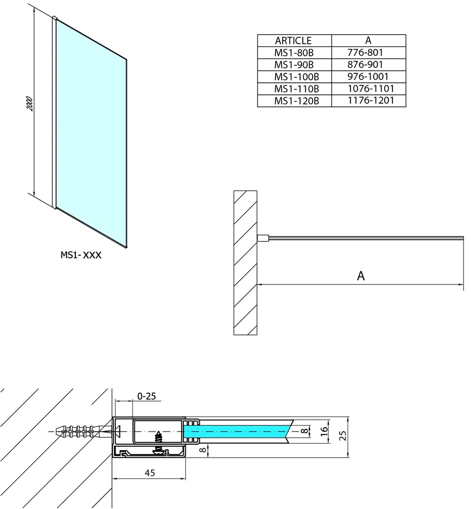 Polysan Polysan, MODULAR SHOWER ČIERNA stena na inštaláciu na múr, jednodielna, 800 mm, MS1-80B