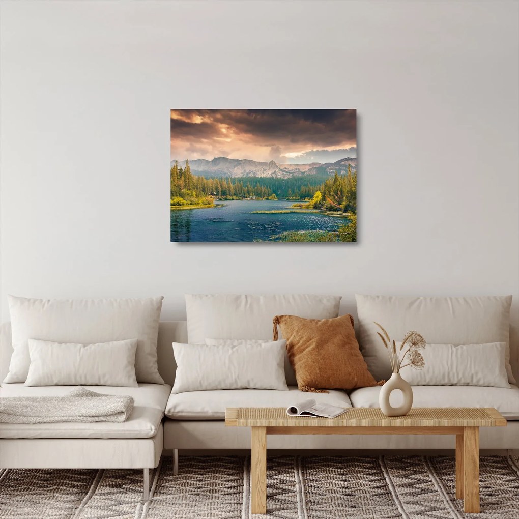 Sklenený obraz horskej rieky a hôr (70x50 cm)