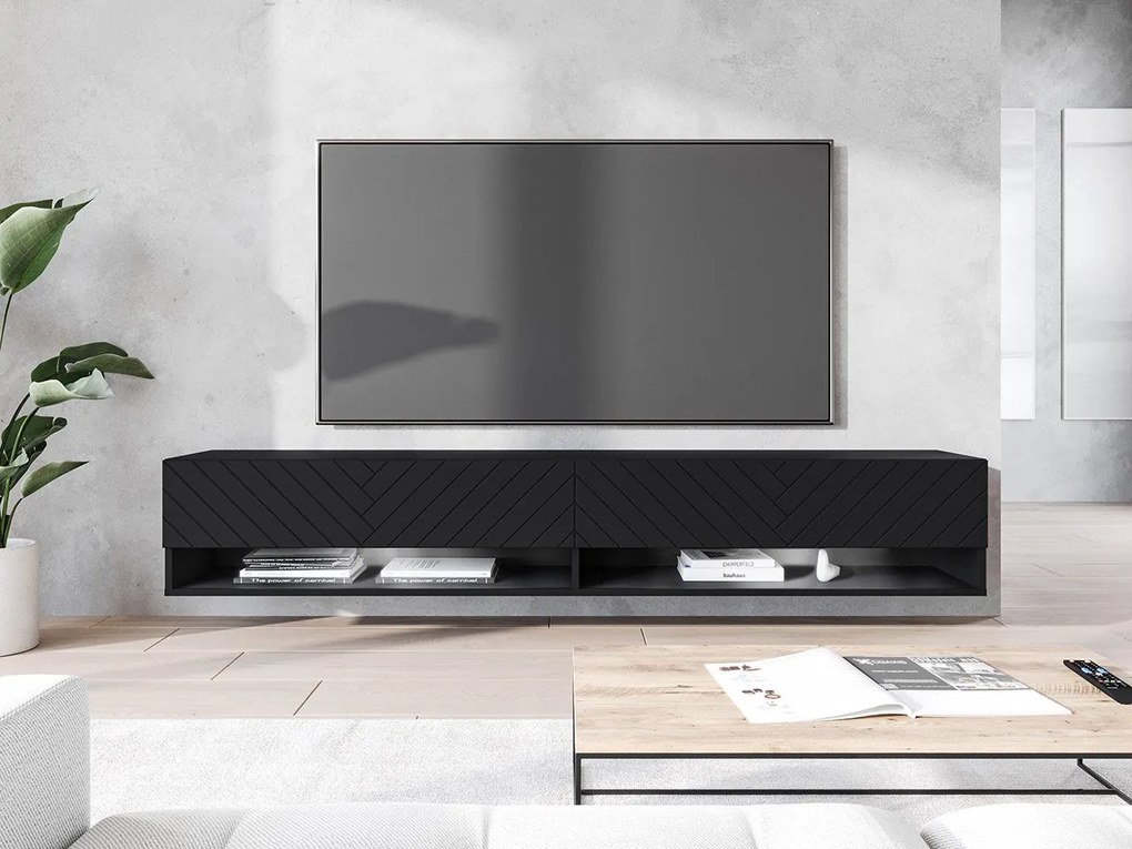 TV stolík/skrinka Adenik 180 MDF, Farby: čierny grafit / jodełka čierna, Osvetlenie: osvetlenie LED RGB - farebné