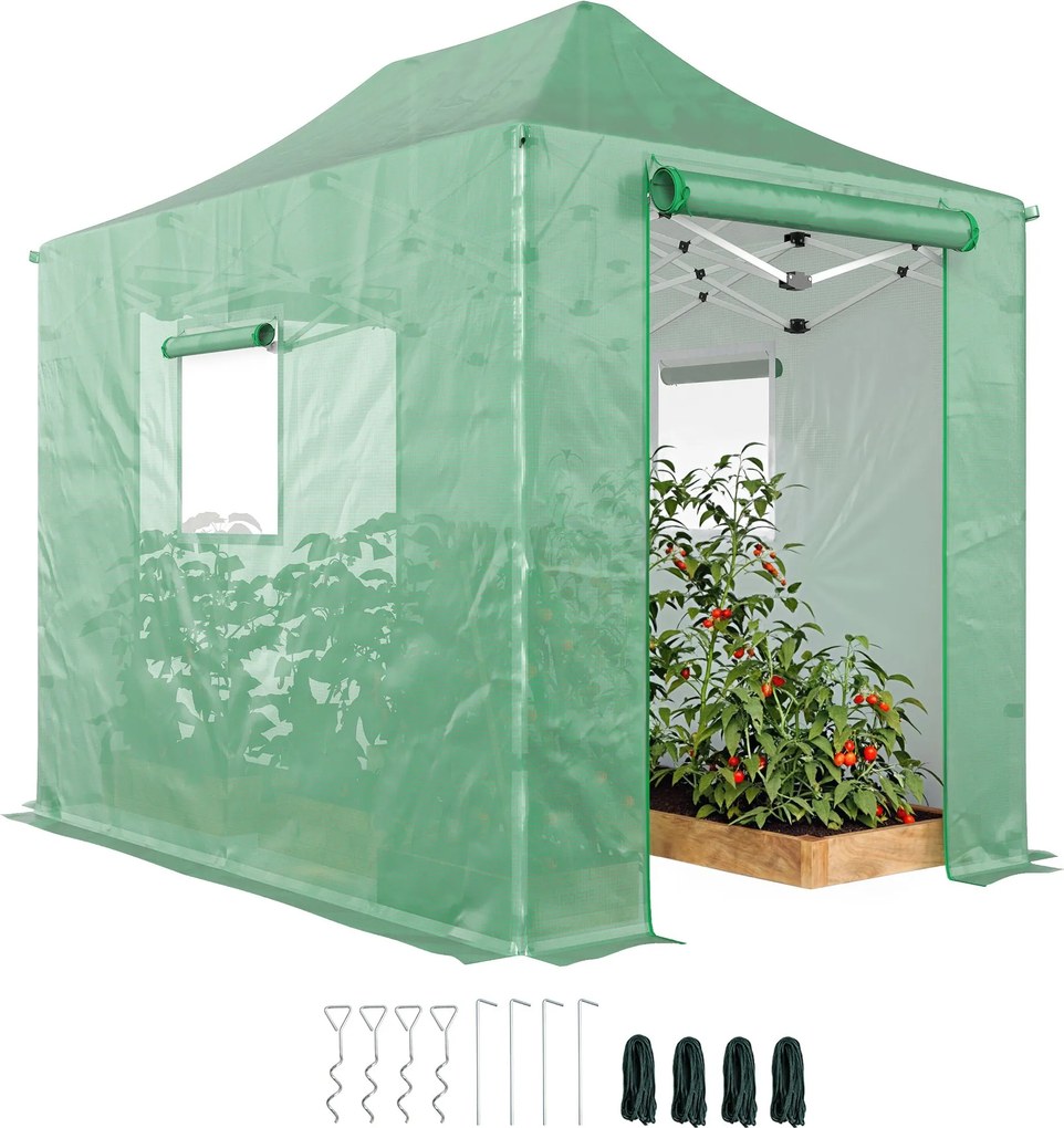 Outsunny skladací pop-up skleník 295×200×270 cm (PE tunel) so sedlovou strechou, rolovacími zipsovými dverami a sieťovanými oknami — zelený | Aosom