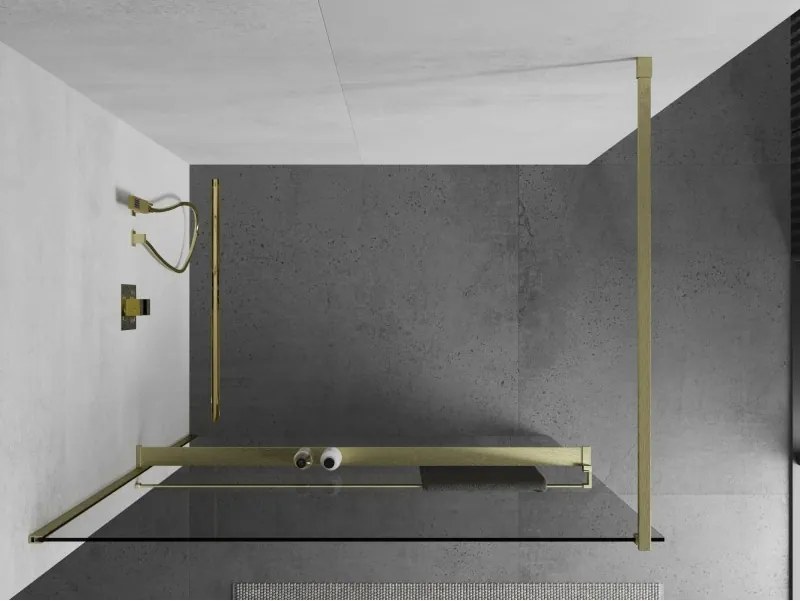 Mexen Kioto+, sprchová zástena Walk-In s poličkou a vešiakom 105 x 200 cm, 8mm číre sklo, zlatý matný profil, 800-105-121-55-00