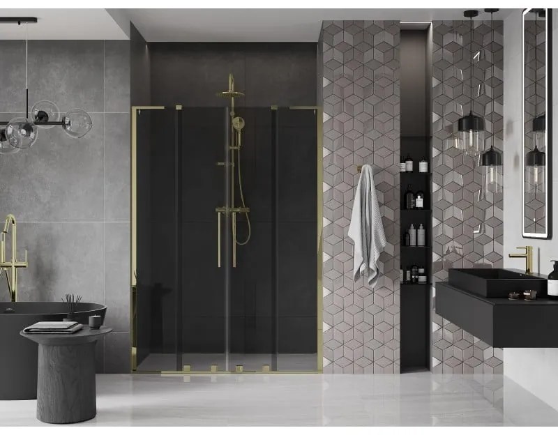 Mexen Velar L Duo, posuvné sprchové dvere do otvoru 160 cm, 8mm šedé sklo, zlatá lesklá, 871-160-003-42-50