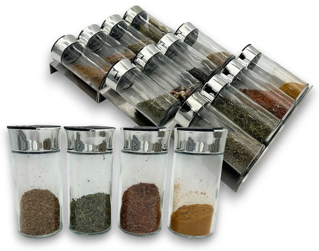 Orion Sada 16ks koreničiek SPICE BLACK 100ml + 4ks nerezový organizér na koreničky VASKY - NEREZ (nízky) + sada 24ks štítkov