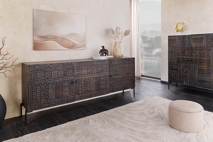 Komoda TRIBAL 180cm 3D antický vzhľad mangové drevo tmavohnedá